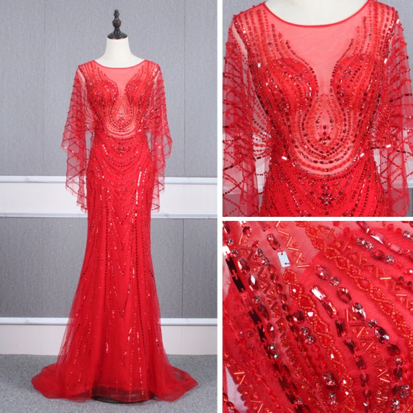 Haut de Gamme Rouge Transparentes Robe De Soirée 2020 Trompette / Sirène Encolure Dégagée Manches Longues Perlage Tribunal Train Robe De Ceremonie