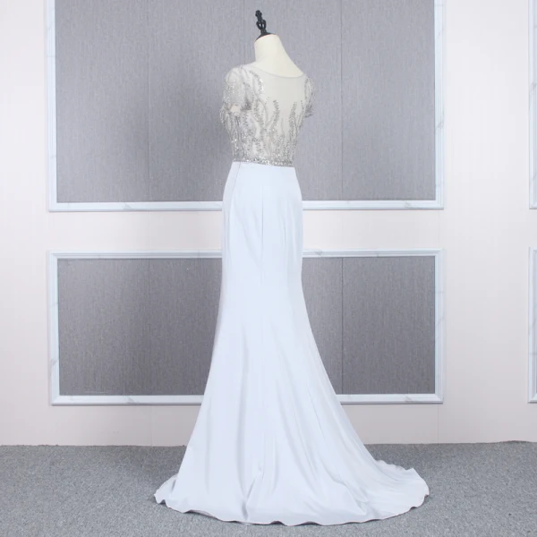Haut de Gamme Argenté Transparentes Robe De Soirée 2020 Trompette / Sirène Encolure Dégagée Manches Courtes Perlage Train De Balayage Volants Robe De Ceremonie