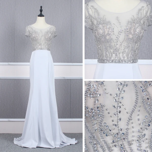 Haut de Gamme Argenté Transparentes Robe De Soirée 2020 Trompette / Sirène Encolure Dégagée Manches Courtes Perlage Train De Balayage Volants Robe De Ceremonie