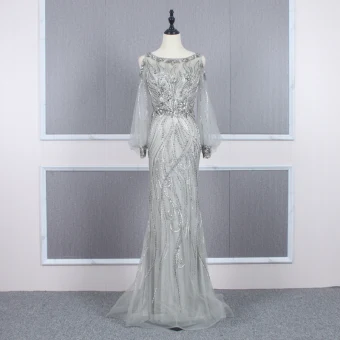 Haut De Gamme Gris Transparentes Robe De Soirée 2020 Trompette Sirène Encolure Dégagée Gonflée Manches Longues Perlage Train De Balayage Volants Robe De Ceremonie