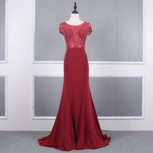 High End Red See Through Evening Dresses 2020 Trumpet Mermaid Scoop Neck Short Sleeve Beading Sweep Train Ruffle Formal Dresses