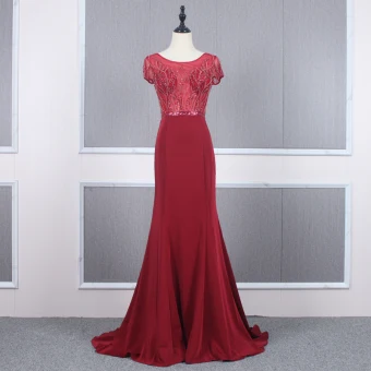 Haut De Gamme Rouge Transparentes Robe De Soirée 2020 Trompette Sirène Encolure Dégagée Manches Courtes Perlage Train De Balayage Volants Robe De Ceremonie