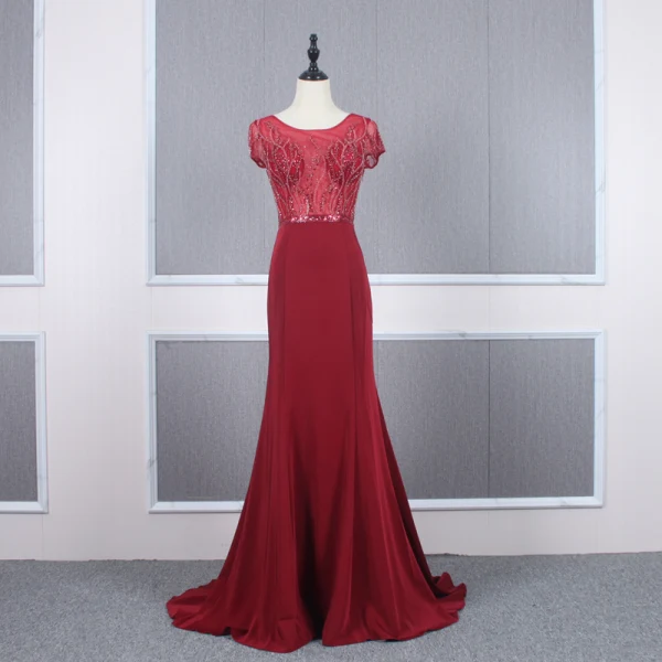 Haut de Gamme Rouge Transparentes Robe De Soirée 2020 Trompette / Sirène Encolure Dégagée Manches Courtes Perlage Train De Balayage Volants Robe De Ceremonie