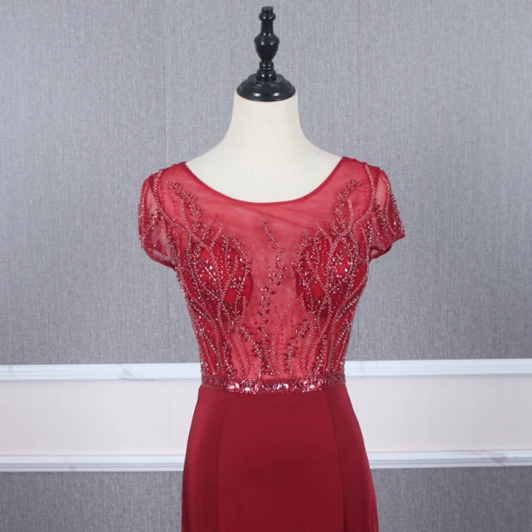 Haut de Gamme Rouge Transparentes Robe De Soirée 2020 Trompette / Sirène Encolure Dégagée Manches Courtes Perlage Train De Balayage Volants Robe De Ceremonie