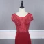 Haut de Gamme Rouge Transparentes Robe De Soirée 2020 Trompette / Sirène Encolure Dégagée Manches Courtes Perlage Train De Balayage Volants Robe De Ceremonie