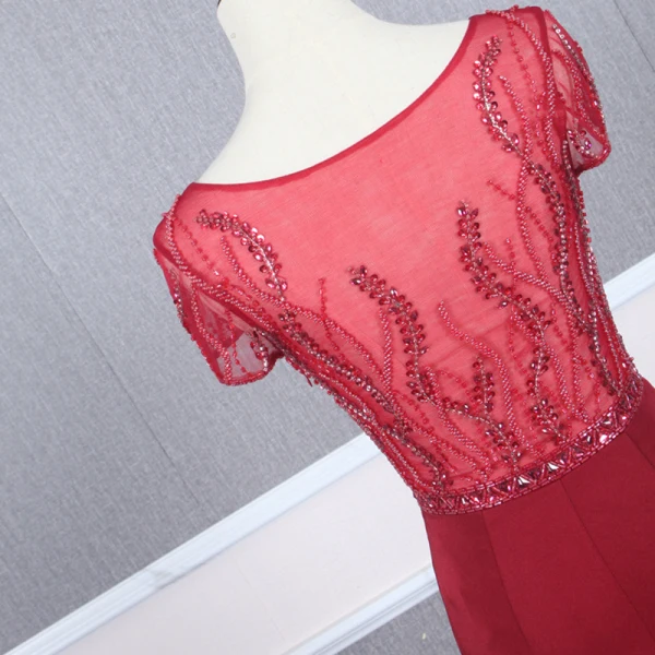 Haut de Gamme Rouge Transparentes Robe De Soirée 2020 Trompette / Sirène Encolure Dégagée Manches Courtes Perlage Train De Balayage Volants Robe De Ceremonie