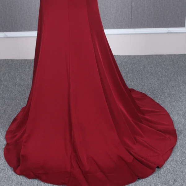 Haut de Gamme Rouge Transparentes Robe De Soirée 2020 Trompette / Sirène Encolure Dégagée Manches Courtes Perlage Train De Balayage Volants Robe De Ceremonie