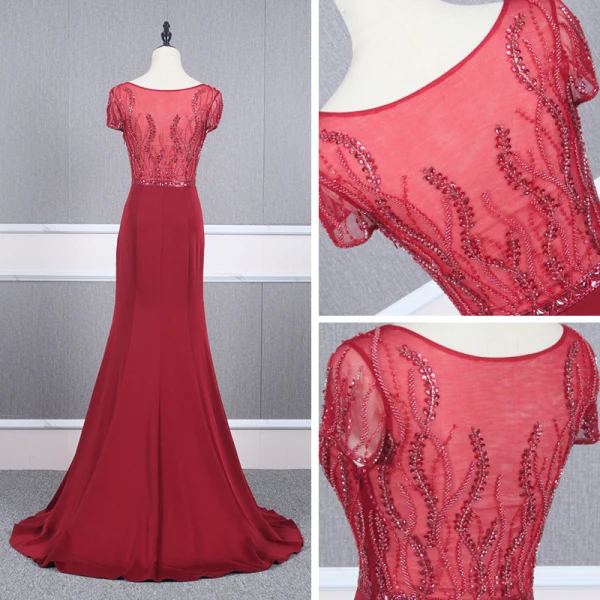 Haut de Gamme Rouge Transparentes Robe De Soirée 2020 Trompette / Sirène Encolure Dégagée Manches Courtes Perlage Train De Balayage Volants Robe De Ceremonie
