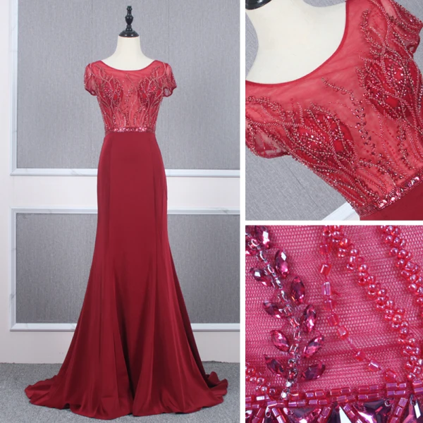 Haut de Gamme Rouge Transparentes Robe De Soirée 2020 Trompette / Sirène Encolure Dégagée Manches Courtes Perlage Train De Balayage Volants Robe De Ceremonie