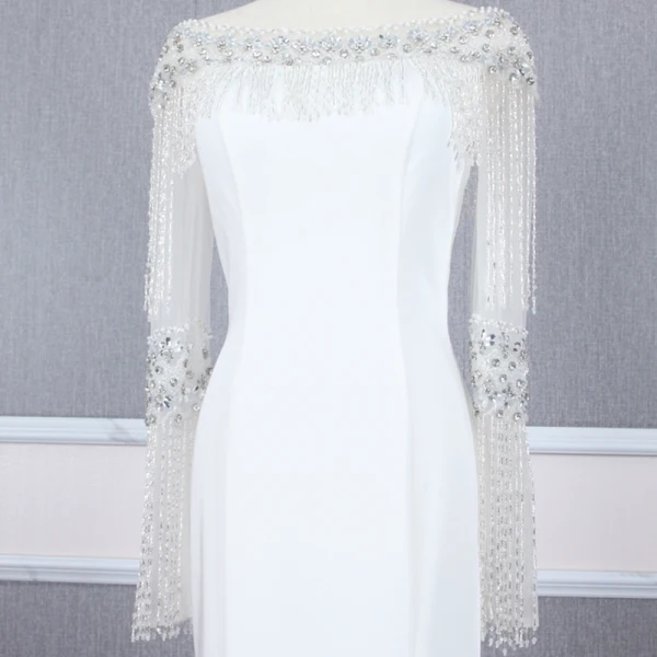 Haut de Gamme Blanche Robe De Soirée 2020 Trompette / Sirène Encolure Carrée Manches Longues Faux Diamant Perlage Gland Train De Balayage Robe De Ceremonie
