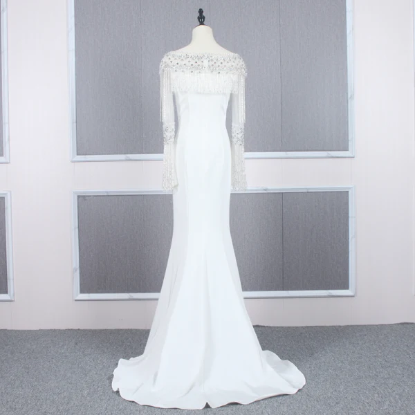 Haut de Gamme Blanche Robe De Soirée 2020 Trompette / Sirène Encolure Carrée Manches Longues Faux Diamant Perlage Gland Train De Balayage Robe De Ceremonie