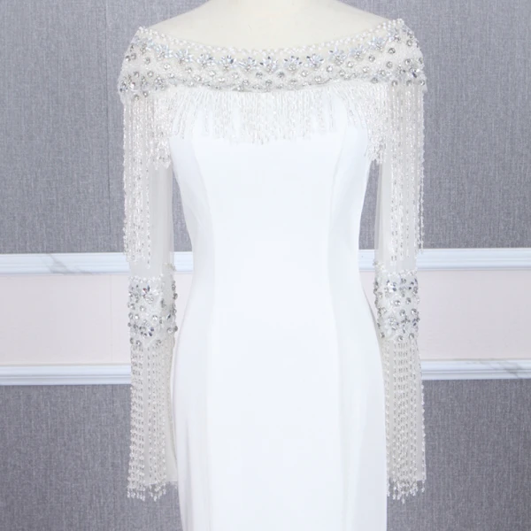 Haut de Gamme Blanche Robe De Soirée 2020 Trompette / Sirène Encolure Carrée Manches Longues Faux Diamant Perlage Gland Train De Balayage Robe De Ceremonie