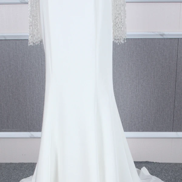 Haut de Gamme Blanche Robe De Soirée 2020 Trompette / Sirène Encolure Carrée Manches Longues Faux Diamant Perlage Gland Train De Balayage Robe De Ceremonie