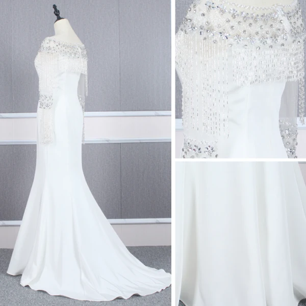 Haut de Gamme Blanche Robe De Soirée 2020 Trompette / Sirène Encolure Carrée Manches Longues Faux Diamant Perlage Gland Train De Balayage Robe De Ceremonie