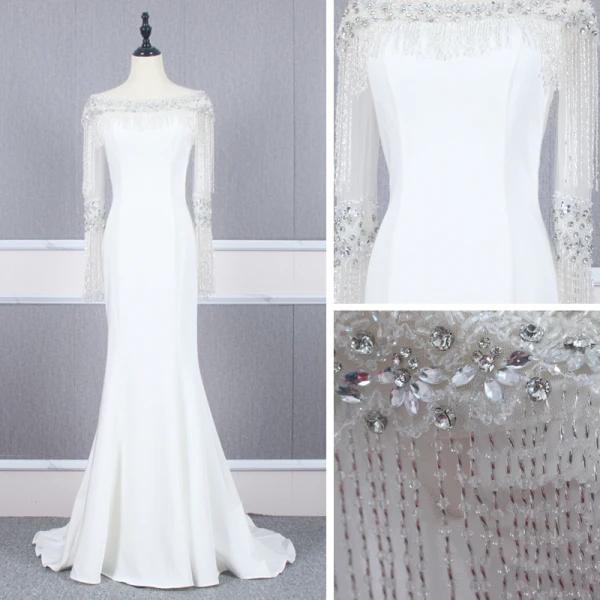 Haut de Gamme Blanche Robe De Soirée 2020 Trompette / Sirène Encolure Carrée Manches Longues Faux Diamant Perlage Gland Train De Balayage Robe De Ceremonie