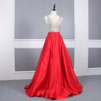 Sexy Rouge Satin Robe De Soirée 2020 Princesse Transparentes Col V Profond Sans Manches Paillettes Perlage Longue Volants Dos Nu Robe De Ceremonie
