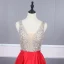 Sexy Rouge Satin Robe De Soirée 2020 Princesse Transparentes Col v profond Sans Manches Paillettes Perlage Longue Volants Dos Nu Robe De Ceremonie