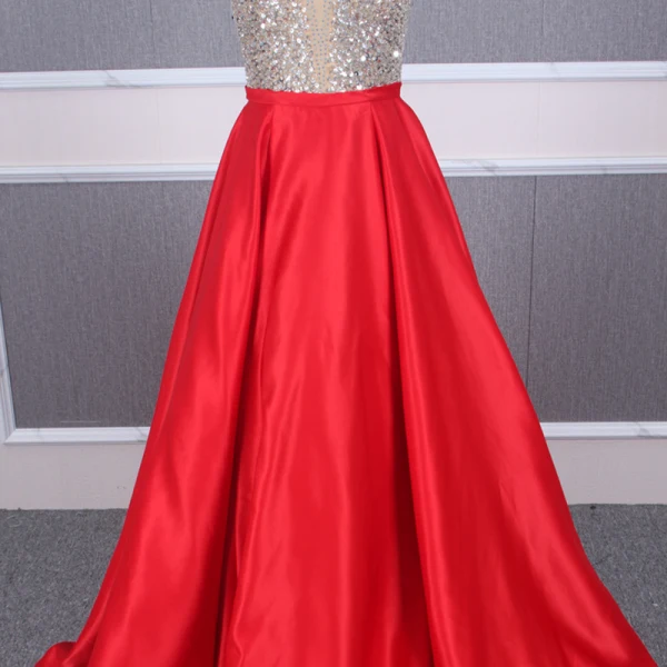 Sexy Rouge Satin Robe De Soirée 2020 Princesse Transparentes Col v profond Sans Manches Paillettes Perlage Longue Volants Dos Nu Robe De Ceremonie