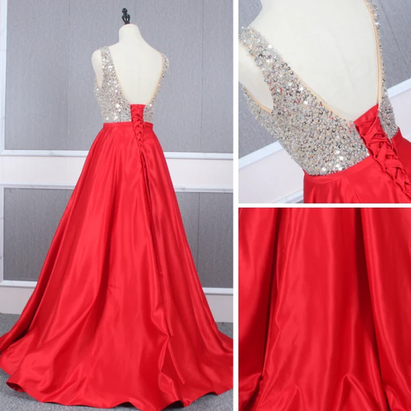 Sexy Rouge Satin Robe De Soirée 2020 Princesse Transparentes Col v profond Sans Manches Paillettes Perlage Longue Volants Dos Nu Robe De Ceremonie