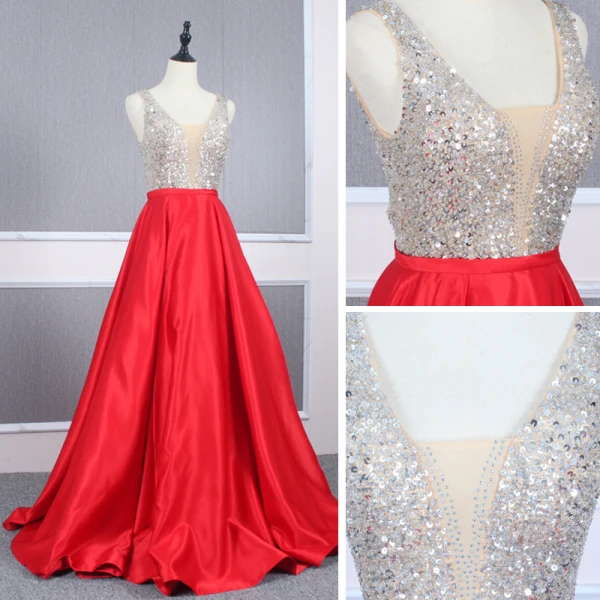 Sexy Rouge Satin Robe De Soirée 2020 Princesse Transparentes Col v profond Sans Manches Paillettes Perlage Longue Volants Dos Nu Robe De Ceremonie