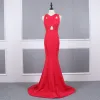Affordable Red Evening Dresses  2020 Trumpet / Mermaid V-Neck Sleeveless Sweep Train Ruffle Backless Formal Dresses