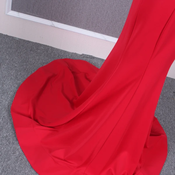 Erschwinglich Rot Abendkleider 2020 Meerjungfrau V-Ausschnitt Ärmellos Sweep / Pinsel Zug Rüschen Rückenfreies Festliche Kleider