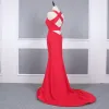 Erschwinglich Rot Abendkleider 2020 Meerjungfrau V-Ausschnitt Ärmellos Sweep / Pinsel Zug Rüschen Rückenfreies Festliche Kleider