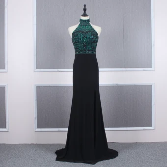 Mode Noire Robe De Soirée 2020 Trompette Sirène Col Haut Sans Manches Vert Foncé Perlage Faux Diamant Train De Balayage Volants Dos Nu Robe De Ceremonie