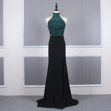 Mode Noire Robe De Soirée 2020 Trompette Sirène Col Haut Sans Manches Vert Foncé Perlage Faux Diamant Train De Balayage Volants Dos Nu Robe De Ceremonie