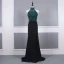Fashion Black Evening Dresses  2020 Trumpet / Mermaid High Neck Sleeveless Dark Green Beading Rhinestone Sweep Train Ruffle Backless Formal Dresses