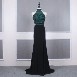 Moda Czarne Sukienki Wieczorowe 2020 Syrena Rozkloszowane Wysokiej Szyi Bez Rękawów Ciemnozielony Frezowanie Rhinestone Trenem Sweep Wzburzyć Bez Pleców Sukienki Wizytowe