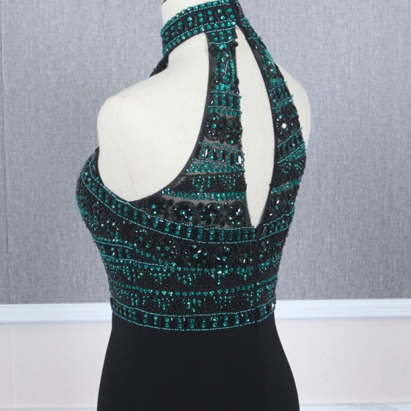 Fashion Black Evening Dresses  2020 Trumpet / Mermaid High Neck Sleeveless Dark Green Beading Rhinestone Sweep Train Ruffle Backless Formal Dresses