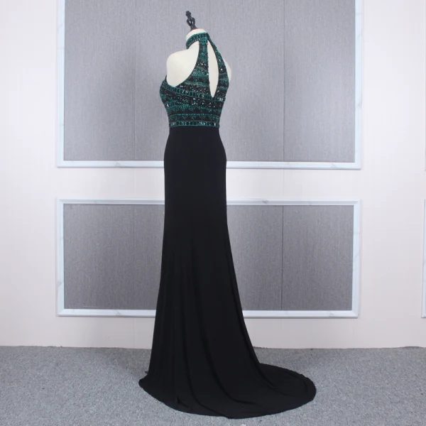 Fashion Black Evening Dresses  2020 Trumpet / Mermaid High Neck Sleeveless Dark Green Beading Rhinestone Sweep Train Ruffle Backless Formal Dresses