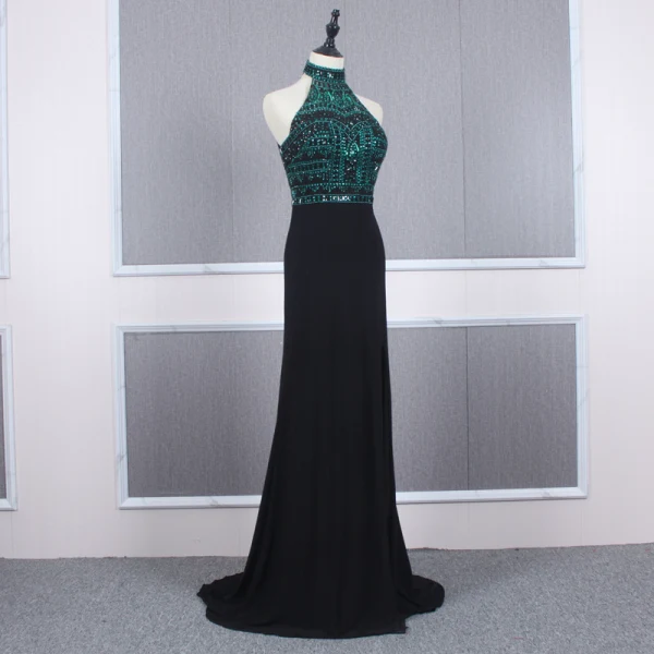 Fashion Black Evening Dresses  2020 Trumpet / Mermaid High Neck Sleeveless Dark Green Beading Rhinestone Sweep Train Ruffle Backless Formal Dresses