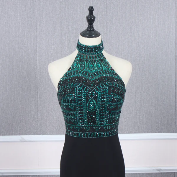 Fashion Black Evening Dresses  2020 Trumpet / Mermaid High Neck Sleeveless Dark Green Beading Rhinestone Sweep Train Ruffle Backless Formal Dresses