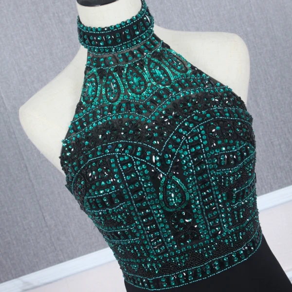 Fashion Black Evening Dresses  2020 Trumpet / Mermaid High Neck Sleeveless Dark Green Beading Rhinestone Sweep Train Ruffle Backless Formal Dresses