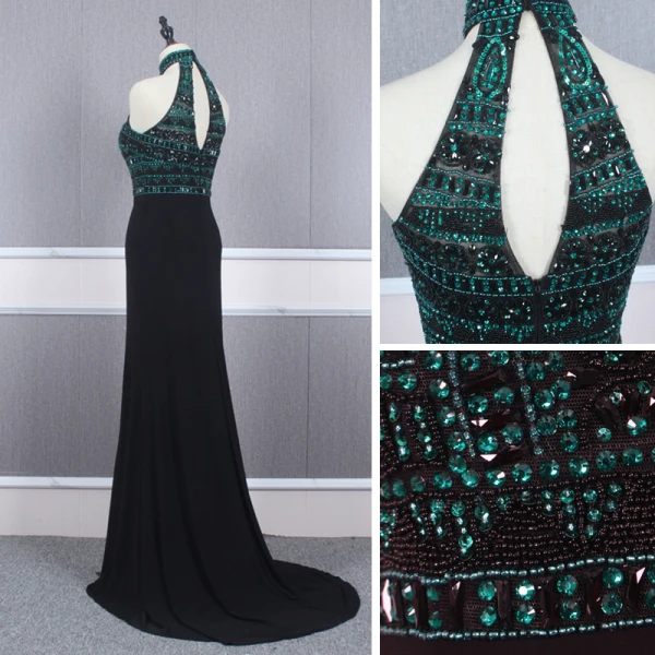 Fashion Black Evening Dresses  2020 Trumpet / Mermaid High Neck Sleeveless Dark Green Beading Rhinestone Sweep Train Ruffle Backless Formal Dresses