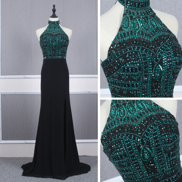 Fashion Black Evening Dresses  2020 Trumpet / Mermaid High Neck Sleeveless Dark Green Beading Rhinestone Sweep Train Ruffle Backless Formal Dresses