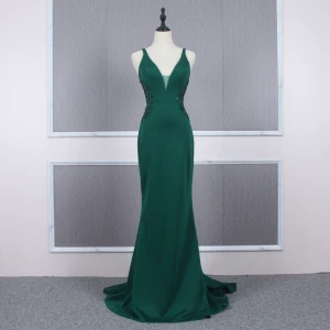 Abordable Vert Foncé Robe De Soirée 2020 Trompette Sirène Épaules Sans Manches Perlage Tribunal Train Volants Dos Nu Robe De Ceremonie