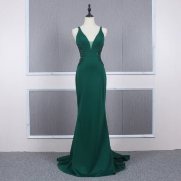 Abordable Vert Foncé Robe De Soirée 2020 Trompette Sirène Épaules Sans Manches Perlage Tribunal Train Volants Dos Nu Robe De Ceremonie