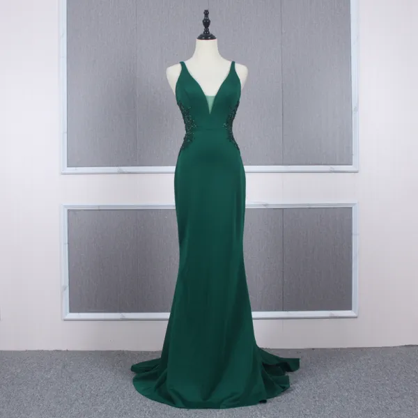 Affordable Dark Green Evening Dresses  2020 Trumpet / Mermaid Shoulders Sleeveless Beading Court Train Ruffle Backless Formal Dresses