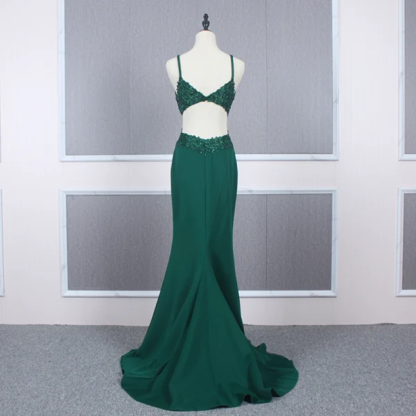 Affordable Dark Green Evening Dresses 2020 Trumpet / Mermaid Shoulders Sleeveless Beading Court Train Ruffle Backless Formal Dresses