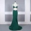 Affordable Dark Green Evening Dresses  2020 Trumpet / Mermaid Shoulders Sleeveless Beading Court Train Ruffle Backless Formal Dresses