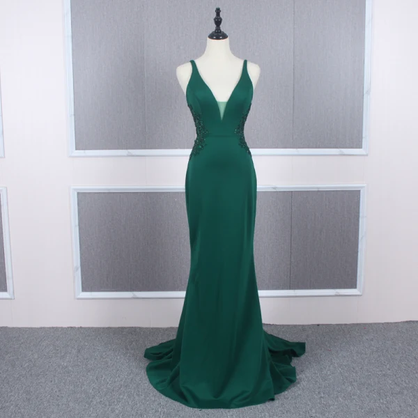 Affordable Dark Green Evening Dresses 2020 Trumpet / Mermaid Shoulders Sleeveless Beading Court Train Ruffle Backless Formal Dresses