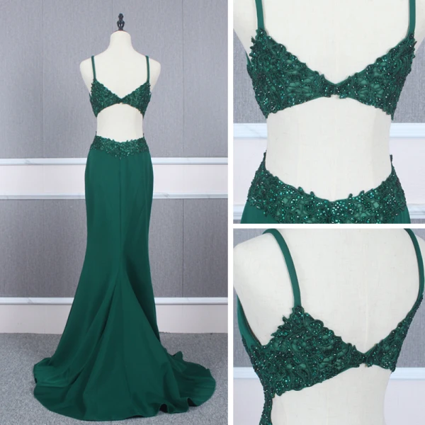 Affordable Dark Green Evening Dresses 2020 Trumpet / Mermaid Shoulders Sleeveless Beading Court Train Ruffle Backless Formal Dresses