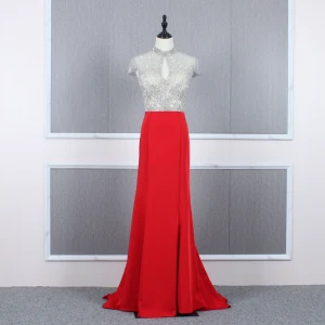 High End Red See Through Evening Dresses 2020 Trumpet Mermaid High Neck Cap Sleeves Beading Sweep Train Ruffle Formal Dresses