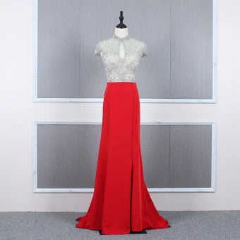 Haut De Gamme Rouge Transparentes Robe De Soirée 2020 Trompette Sirène Col Haut Mancherons Perlage Train De Balayage Volants Robe De Ceremonie