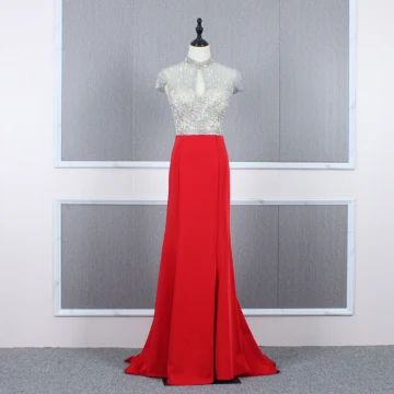 Gama Alta Rojo Transparentes Vestidos De Noche 2020 Trumpet Mermaid Cuello Alto Mangas De La Tapa Rebordear Colas De Barrido Ruffle Vestidos Formales