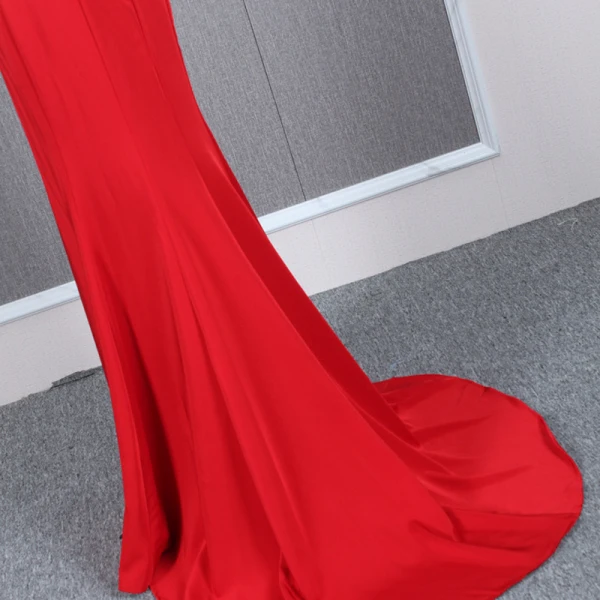 High End Rot Durchsichtige Abendkleider 2020 Meerjungfrau Stehkragen Ärmel Perlenstickerei Sweep / Pinsel Zug Rüschen Festliche Kleider