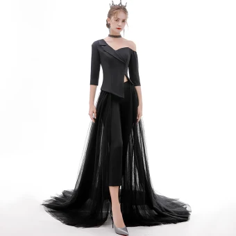 Fashion Black Jumpsuit 2020 One Shoulder 1 2 Sleeves Detachable Sweep Train Ruffle Backless Evening Dresses